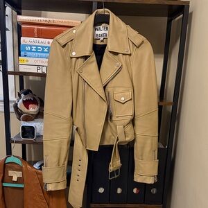 Walter Baker Camel Leather Moto Jacket in oatmeal color